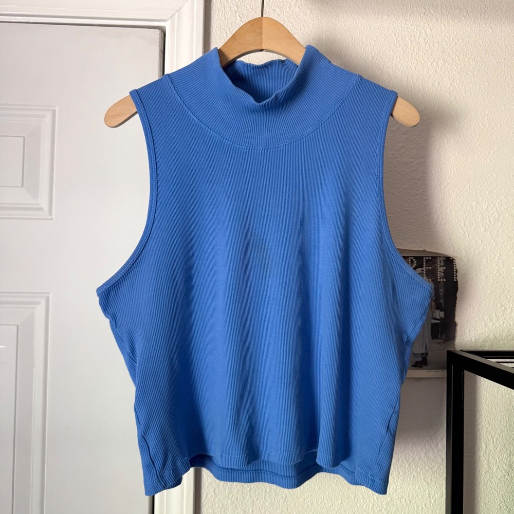 BIG BUD PRESS blue mock neck rib ribbed organic cotton cropped tank top